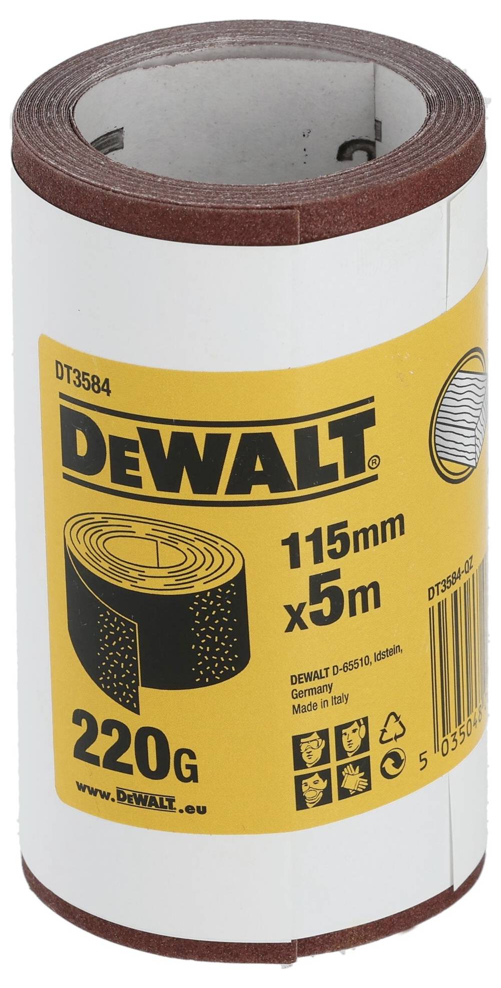 Rolka papieru ściernego DeWalt z nadrukiem '115mm x 5m, 220G'. Etykieta produktu przedstawia informacje producenta oraz piktogramy.