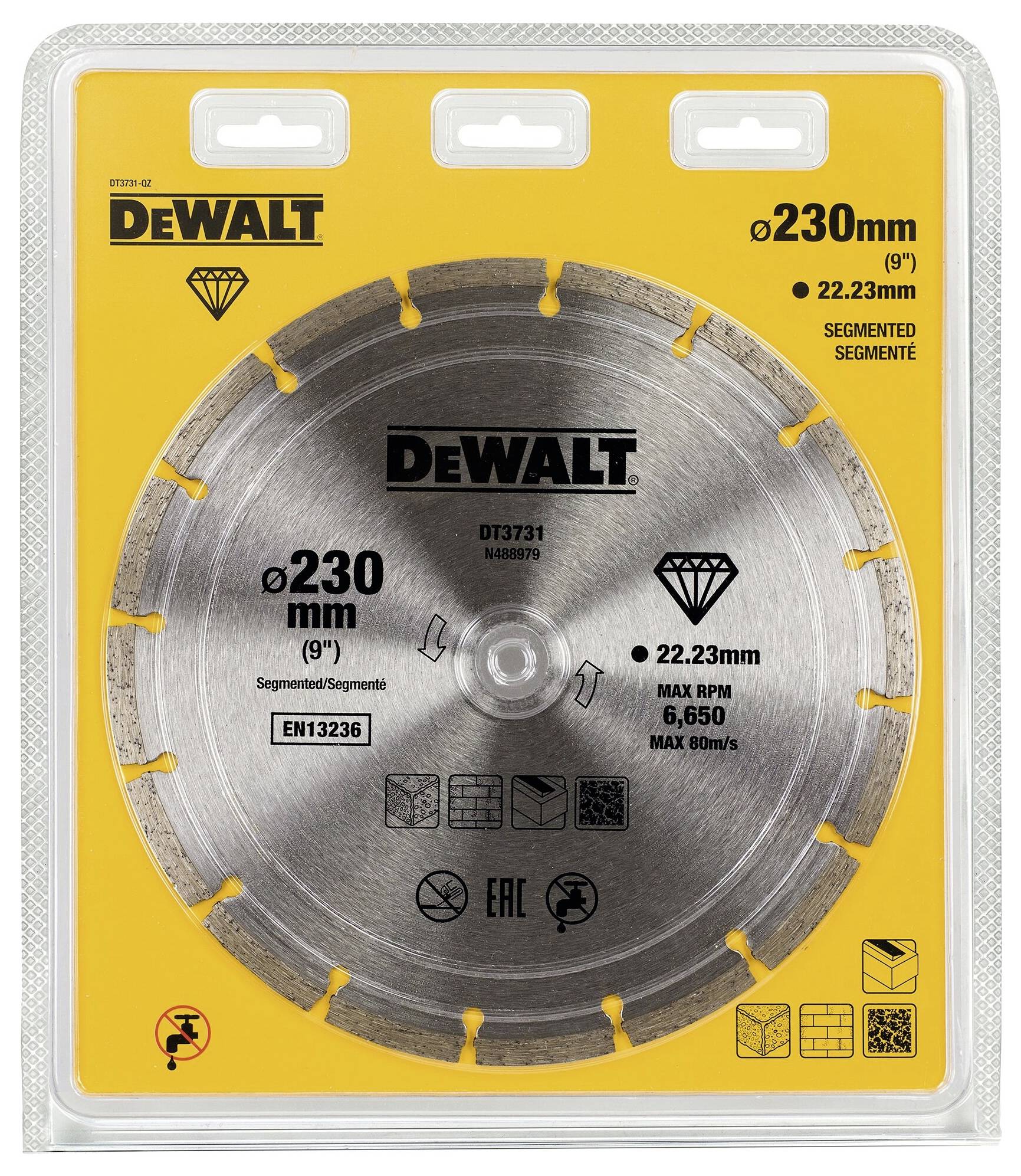 Okrągła piła tarczowa DeWalt, 230 mm średnicy, segmentowana. Opakowanie przedstawia logo marki, specyfikacje i certyfikaty bezpieczeństwa.