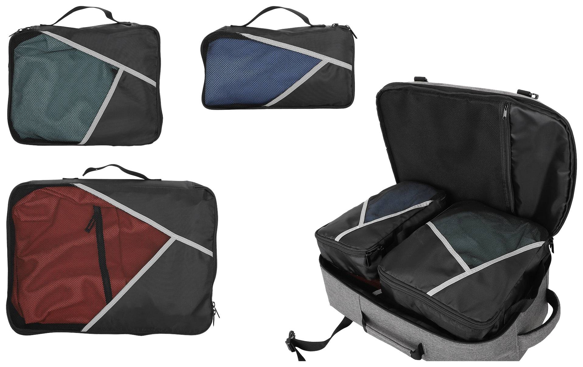 Trzy kolorowe torby (zielona, niebieska, czerwona) oraz plecak z otwartą kieszenią wewnątrz. Torby służą do zorganizowanego przechowywania.