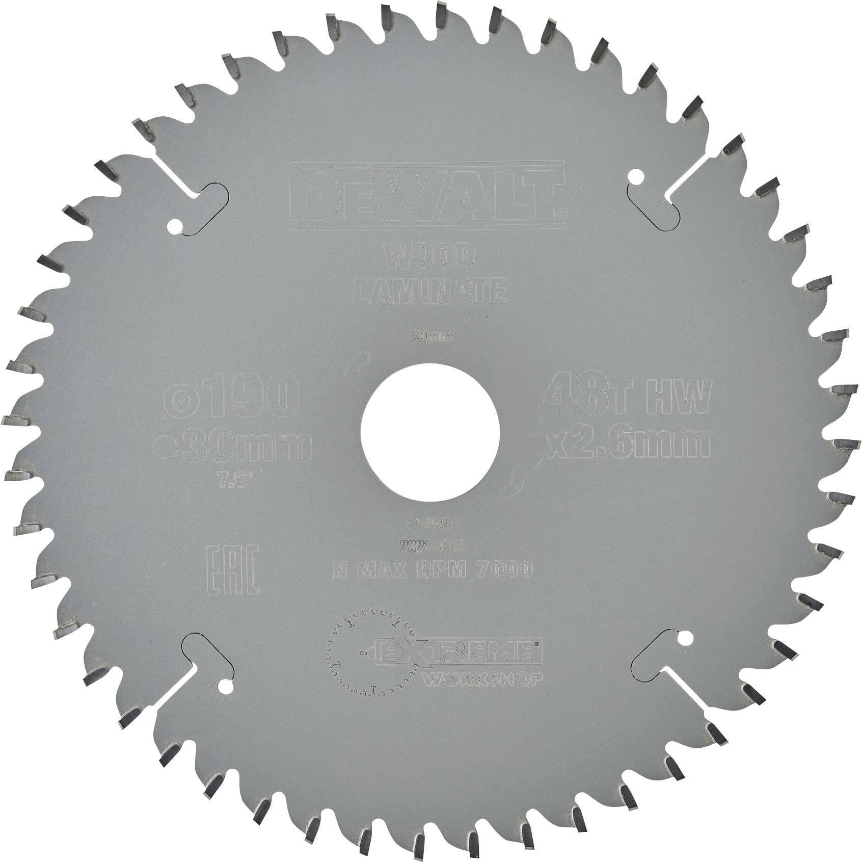 Tarcza piły tarczowej: 190 mm średnicy, otwór 30 mm, 48 zębów. Główne zastosowanie: drewno i laminat. Marka: DeWalt.