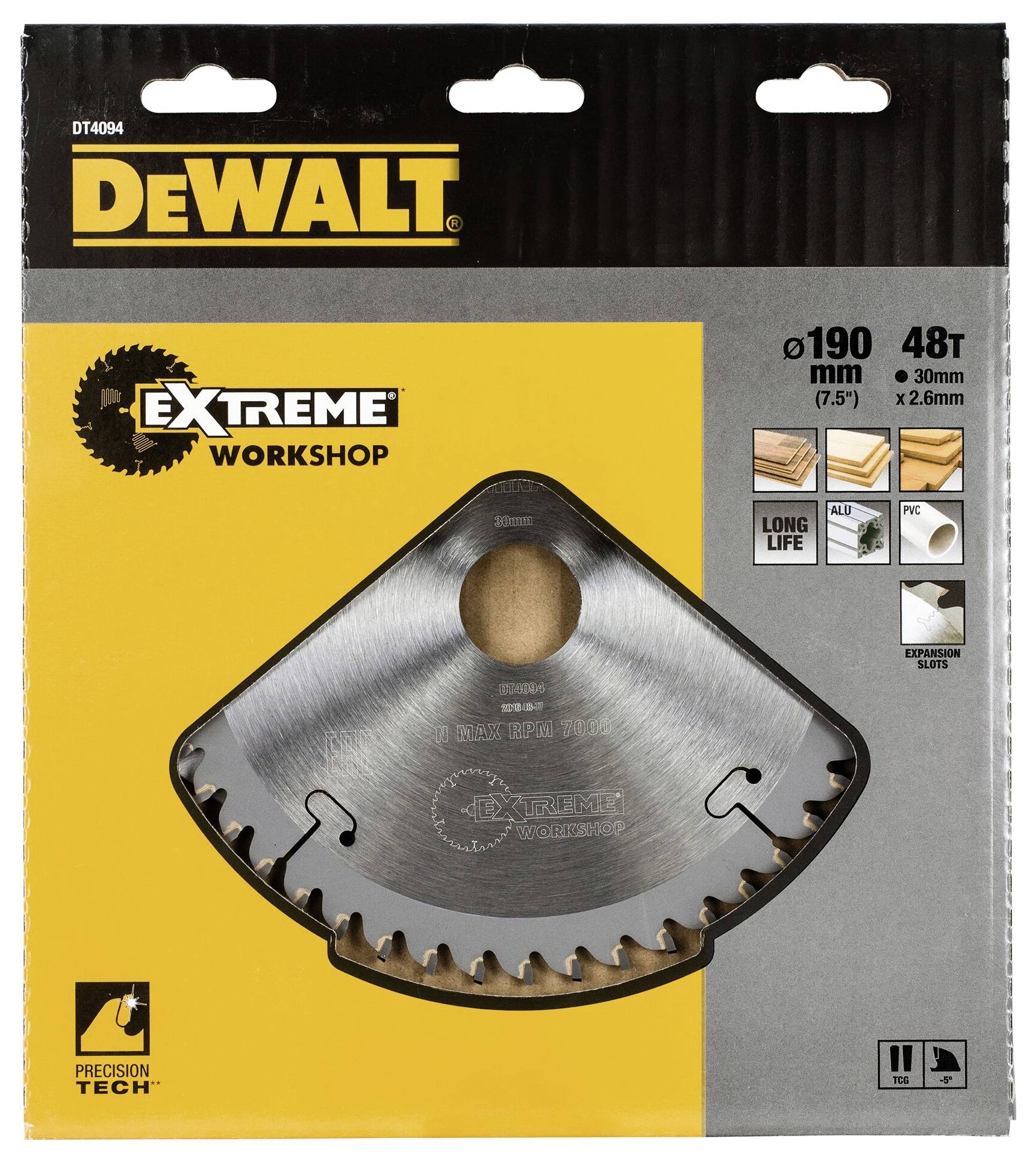 Piła tarczowa DEWALT Extreme Workshop, średnica 190 mm, 48 zębów, odpowiednia do precyzyjnego cięcia, trwała, w opakowaniu.