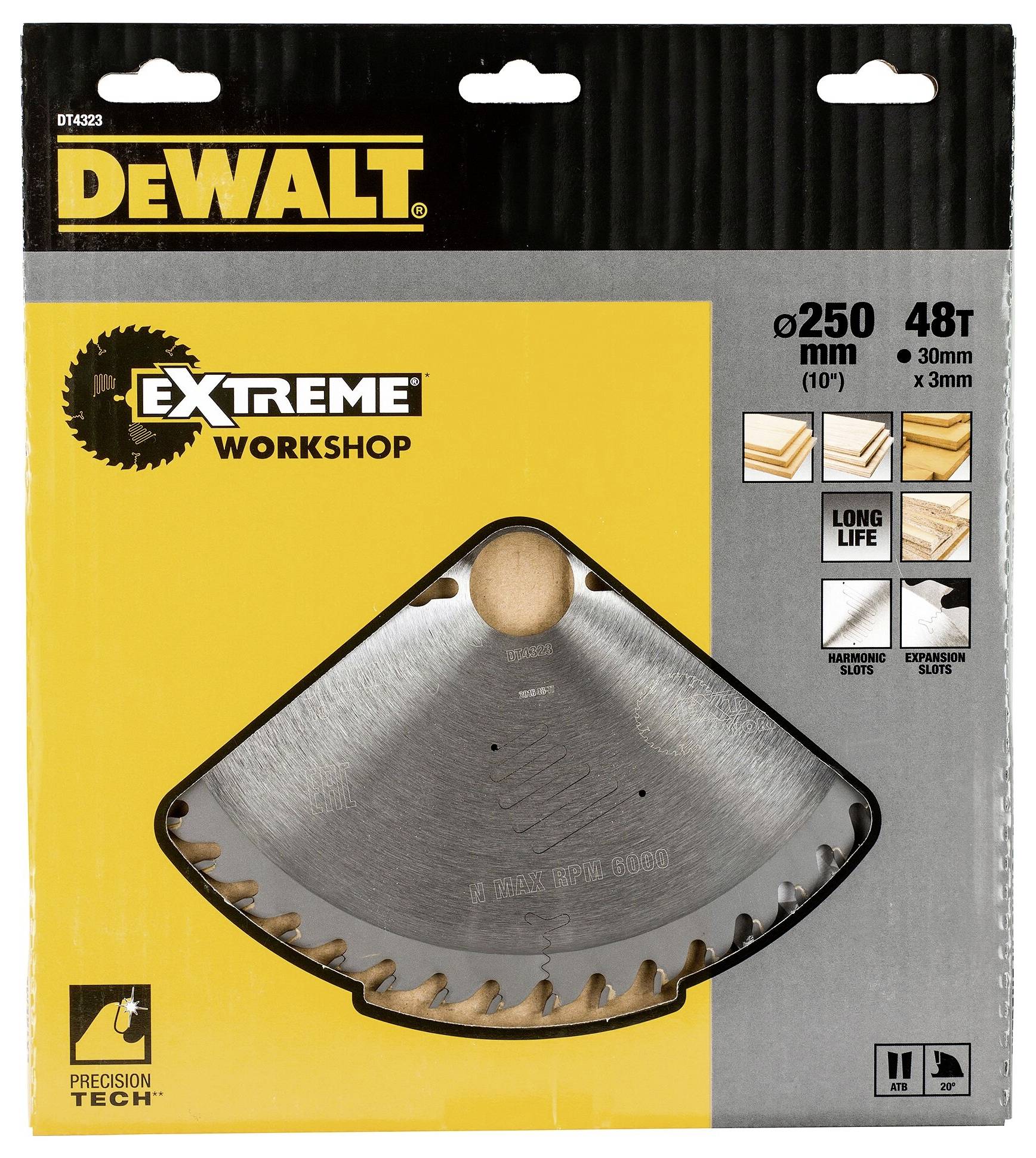 Tarcza pilarska DeWALT Extreme Workshop, 250 mm średnicy, 48 zębów, do prac w drewnie, wytrzymała, z specjalnymi rowkami redukującymi wibracje.