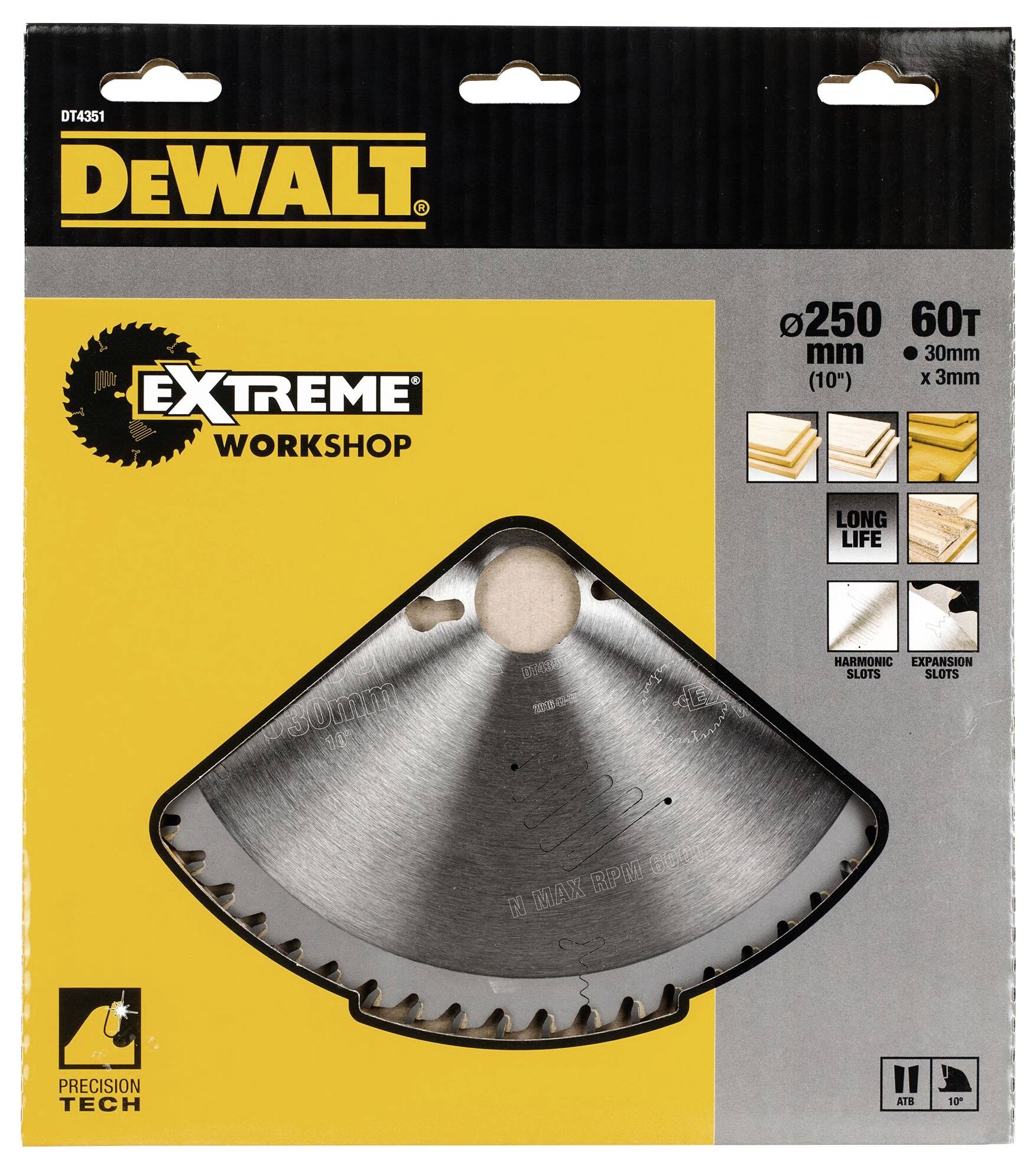 Piła tarczowa DeWalt, Ø250 mm, 60 zębów, odpowiednia do drewna, tworzywa sztucznego, MDF. Długa trwałość dzięki specjalnym rowkom przeciwdrganiowym.