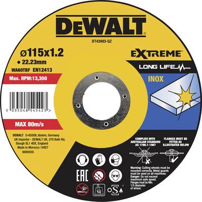 Tarcza piły DeWalt, model 'Extreme Long Life', Ø115x1,2 mm do obróbki metalu. Prędkość obrotowa maks. 13 300 obr./min, maks. 80 m/s.
