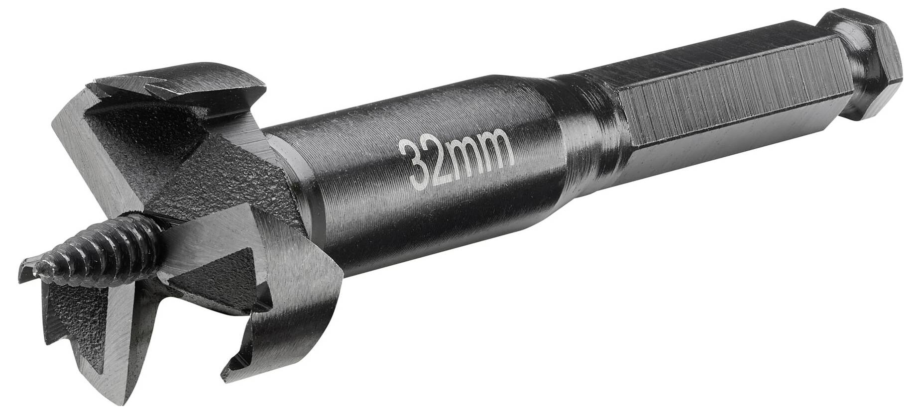 Wiertło o średnicy 32 mm, przeznaczone do prac w drewnie. Wykonane z czarnego metalu, z sześciokątnym uchwytem zapewniającym stabilne mocowanie w uchwycie wiertarki.
