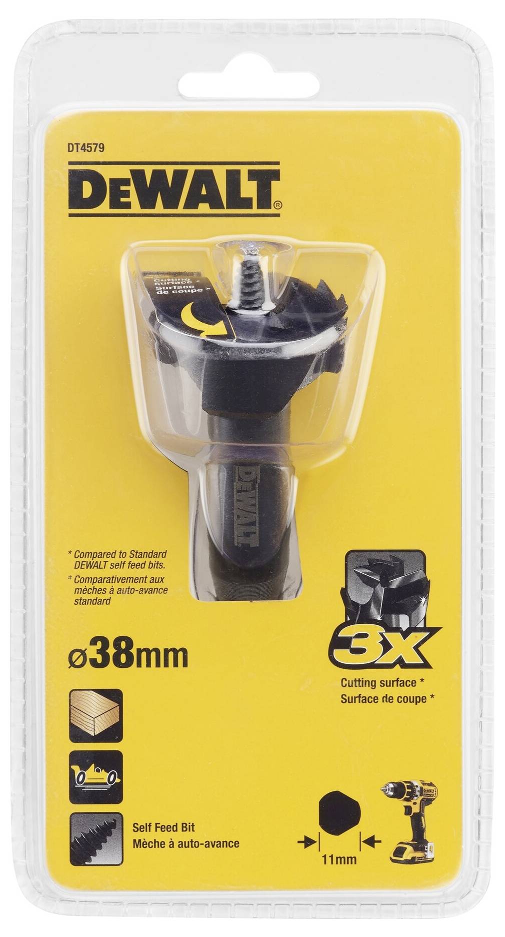 Zestaw wierteł DEWALT w opakowaniu, o średnicy 38 mm, wiertło samowiercące, odpowiednie do drewna, z symbolem wiertła udarowego.