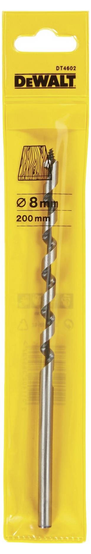 'Wiertło do drewna DEWALT, 8 mm x 200 mm, pakowane w żółte plastikowe etui, do precyzyjnego wiercenia w drewnie.'