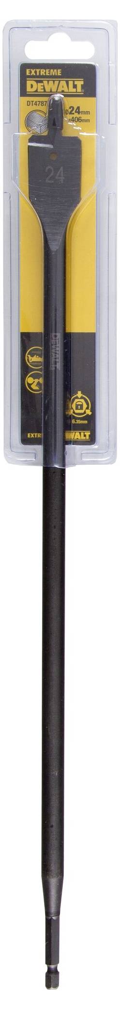 Płaski wiertnik DeWalt w opakowaniu. Odpowiedni do wiercenia dużych otworów w drewnie, o średnicy 25 mm.