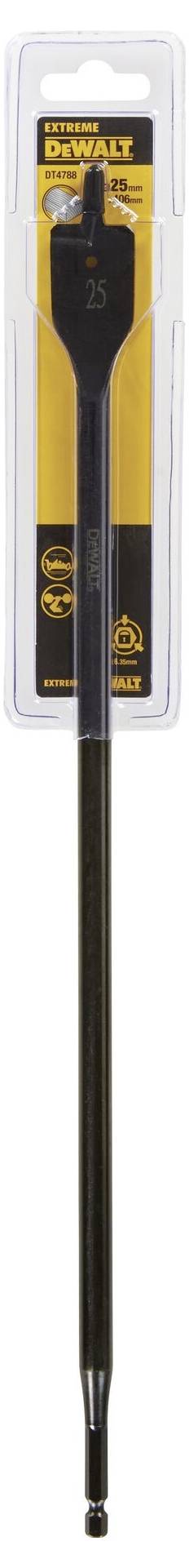 Wiertło płaskie DeWalt, 25 mm, w opakowaniu. Czarne z żółtymi i białymi oznaczeniami. Odpowiednie do wiercenia w drewnie.