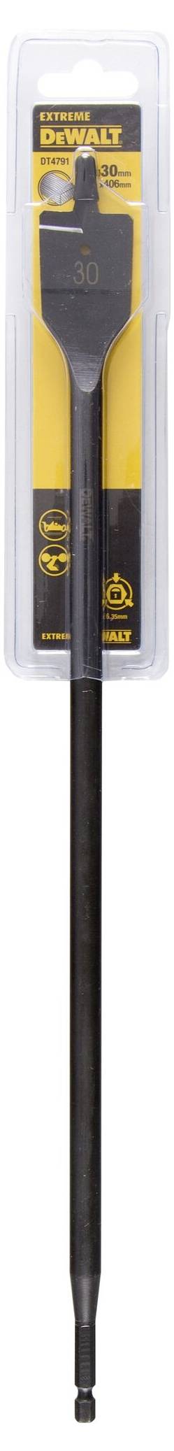 Długi wiertło drewniane firmy DeWalt w przezroczystym opakowaniu z tworzywa sztucznego. Wiertło jest czarne z żółtą etykietą na tle.