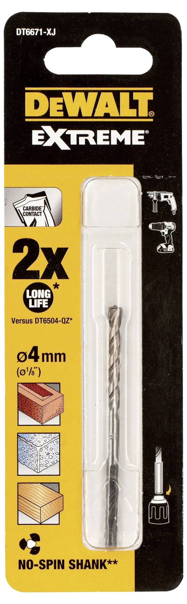 Opakowanie 'Dewalt Extreme' dla wiertła 6 mm. Podkreślono "2x dłuższa trwałość". Odpowiednie do różnych materiałów.