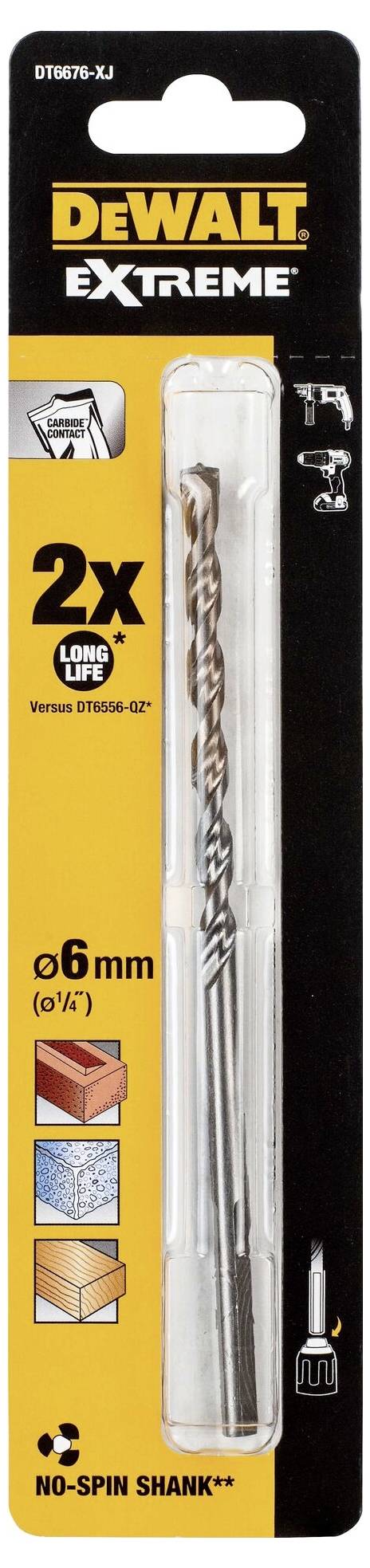 Opakowanie DeWalt z wiertłem metalowym 6 mm do betonu. Oznaczone jako '2x dłuższa trwałość' i 'Uchwyt przeciwobrotowy'.
