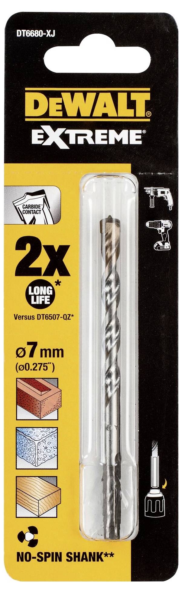 Opakowanie 'DEWALT Extreme' z wiertłem 7 mm do metalu, plastiku, drewna i muru. Gwarantuje podwójną trwałość.
