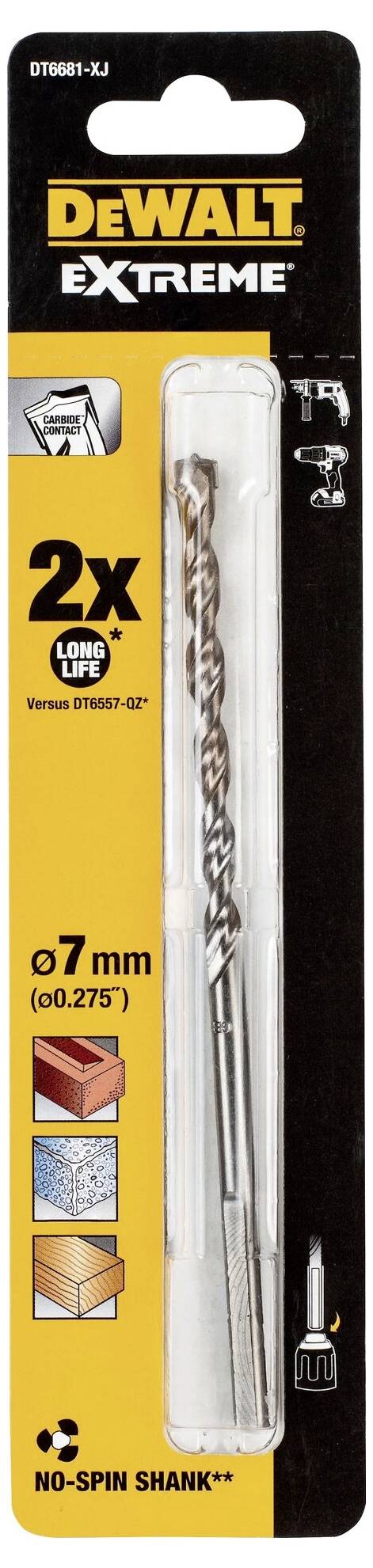 Opakowanie wiertła 'DeWalt Extreme' z jednym wiertłem. Odpowiednie do metalu, drewna i kamienia. Średnica: 7 mm. Wymieniono uchwyt 'No-spin'.