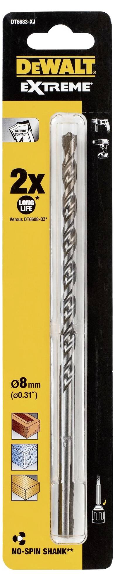 Wiertło DeWalt Extreme, 8 mm, „2x" szybsze. Odpowiednie do metalu, drewna, betonu. Opakowanie przedstawia przykłady zastosowań w lewym górnym rogu.