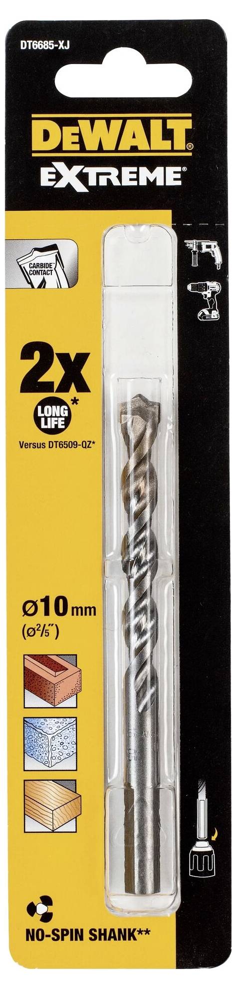 Zestaw wierteł 'DEWALT Extreme' z wiertłem 10mm do metalu, drewna i muru. Oznaczenia '2-krotnie dłuższa trwałość' oraz 'Uchwyt przeciwpoślizgowy'.