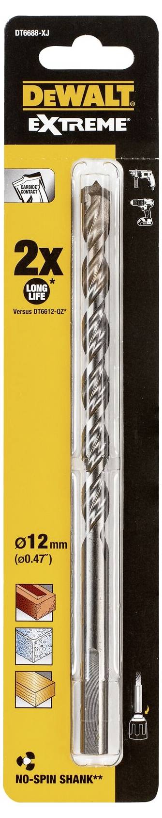 Opakowanie wiertła DeWalt Extreme o średnicy 12 mm. Informacja o 2-krotnie dłuższej żywotności i funkcji 'No-Spin Shank'.