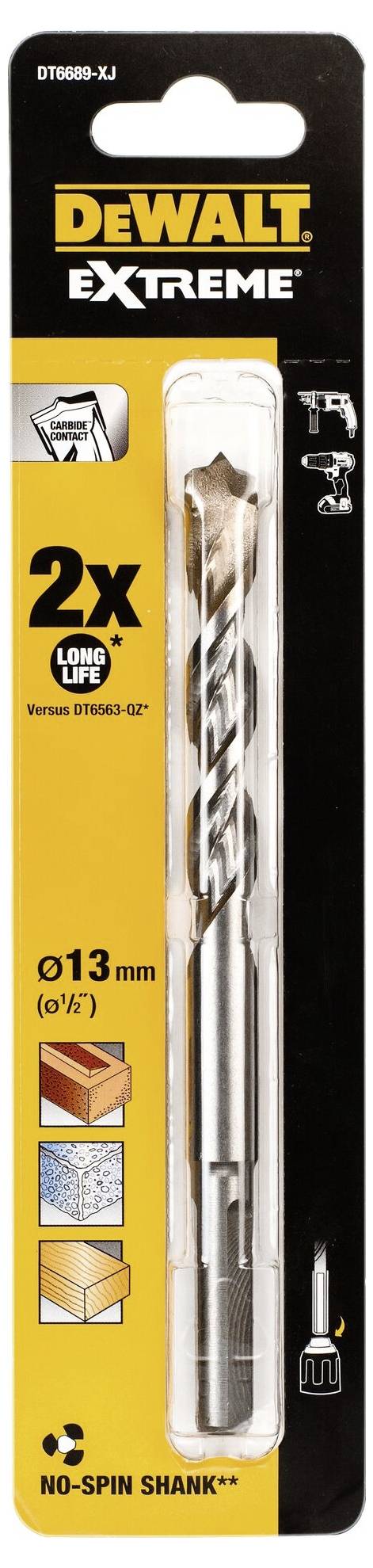 Wiertło DEWALT EXTREME 2x w opakowaniu do wykonywania otworów o średnicy 13 mm. Odpowiednie do różnych materiałów, reklamowane jako wytrzymałe.