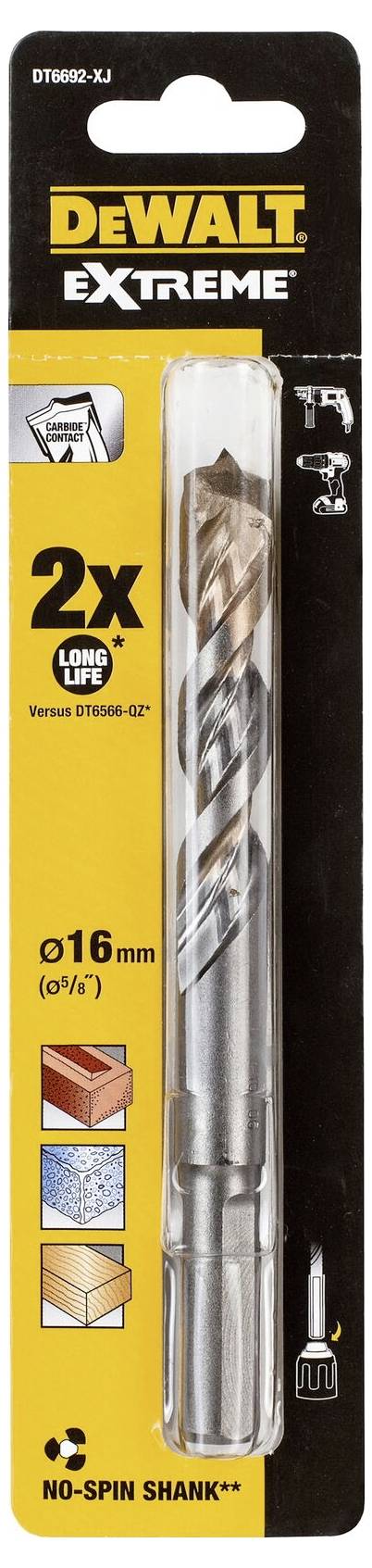 Opakowanie wierteł marki DeWalt z wiertłem 16 mm. Odpowiednie do drewna, metalu i kamienia. Tekst: 'EXTREME', 'NO-SPIN SHANK'.