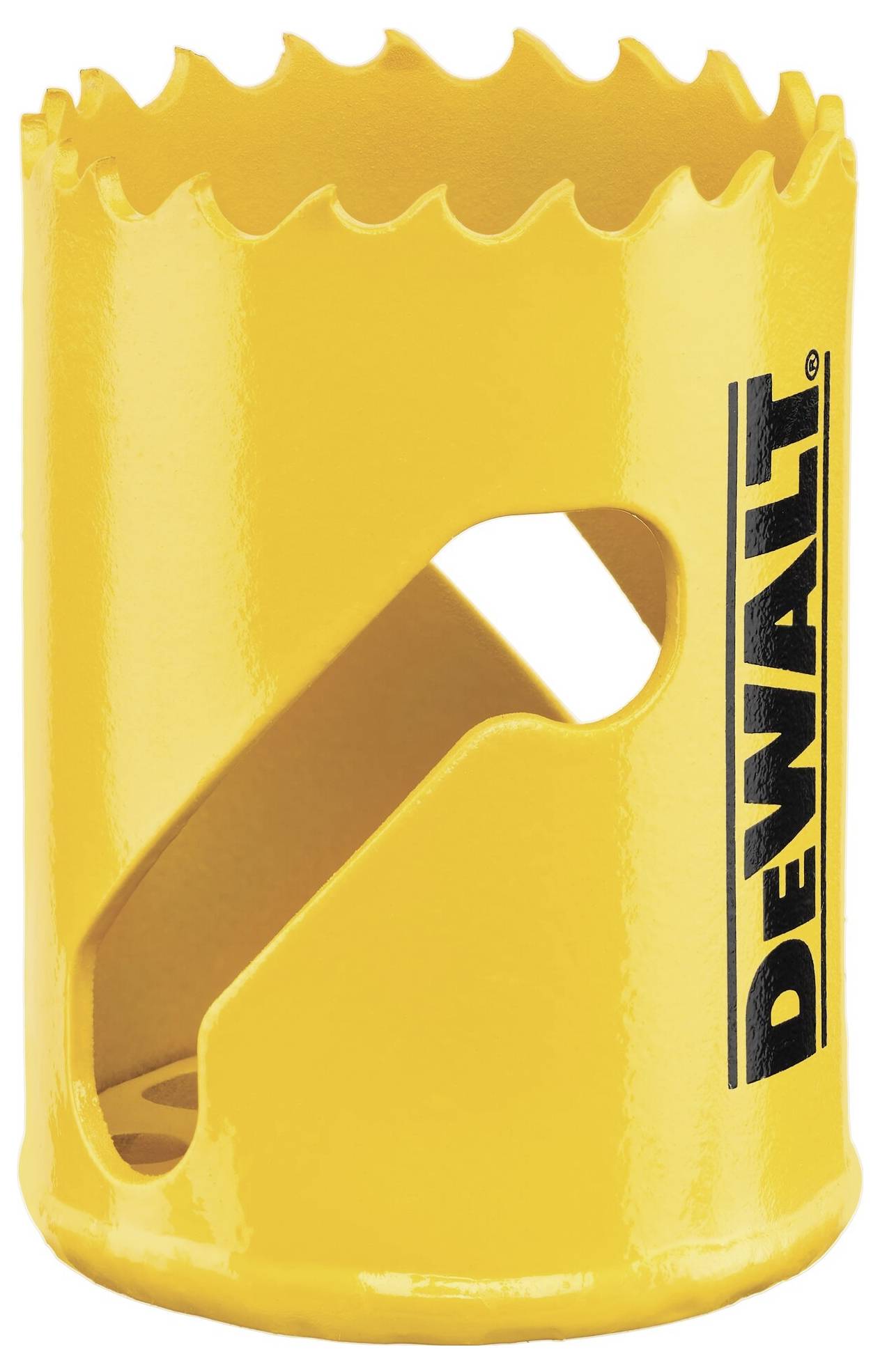Żółta nasadka piłowa Dewalt z ząbkowaną krawędzią do precyzyjnego wycinania otworów w materiałach takich jak drewno lub metal.