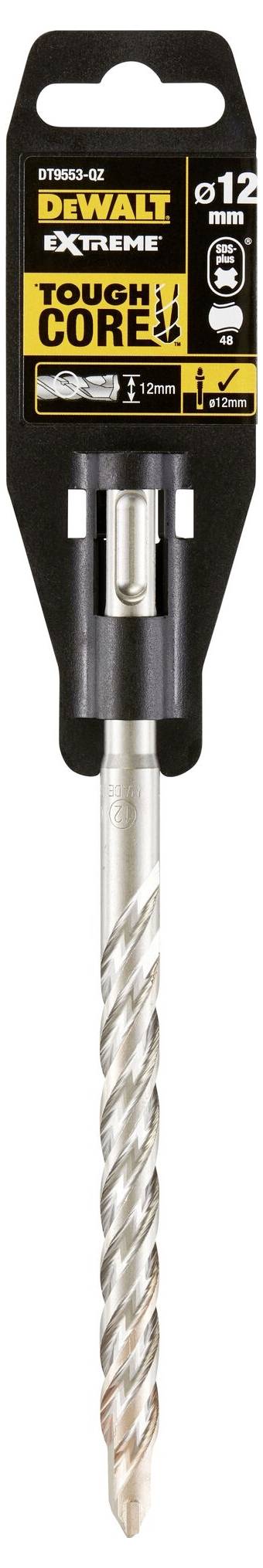 Wiertło DeWalt o średnicy 12 mm, odpowiednie do betonu, muru i kamienia. Opakowanie prezentuje markę i specyfikacje.
