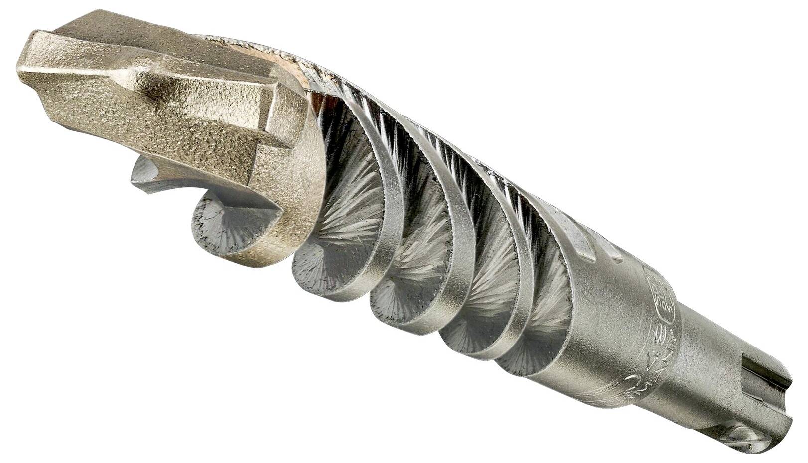 Metalowy wiertło o spiralnym kształcie, odpowiedni do precyzyjnego wiercenia w twardych materiałach, leży na białym tle.