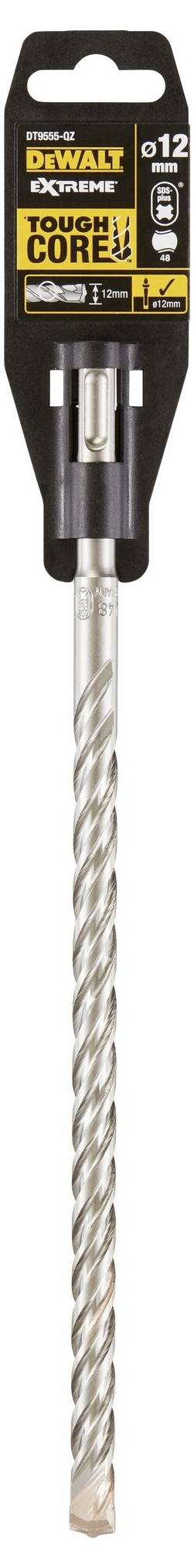 Wiertło 'DEWALT EXTREME' do betonu, średnica 12 mm, kompatybilne z mocowaniem SDS-Plus, długość całkowita 160 mm. Opakowanie prezentuje logo marki.