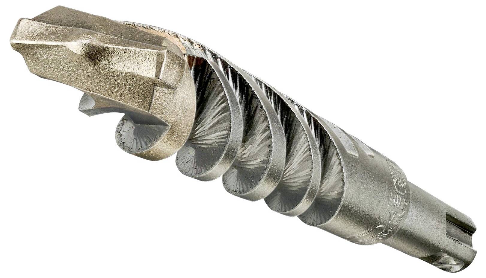 Metalowy wiertarz o spiralnym trzpieniu i uzębionym czubku, używany do wiercenia w odpornych materiałach.