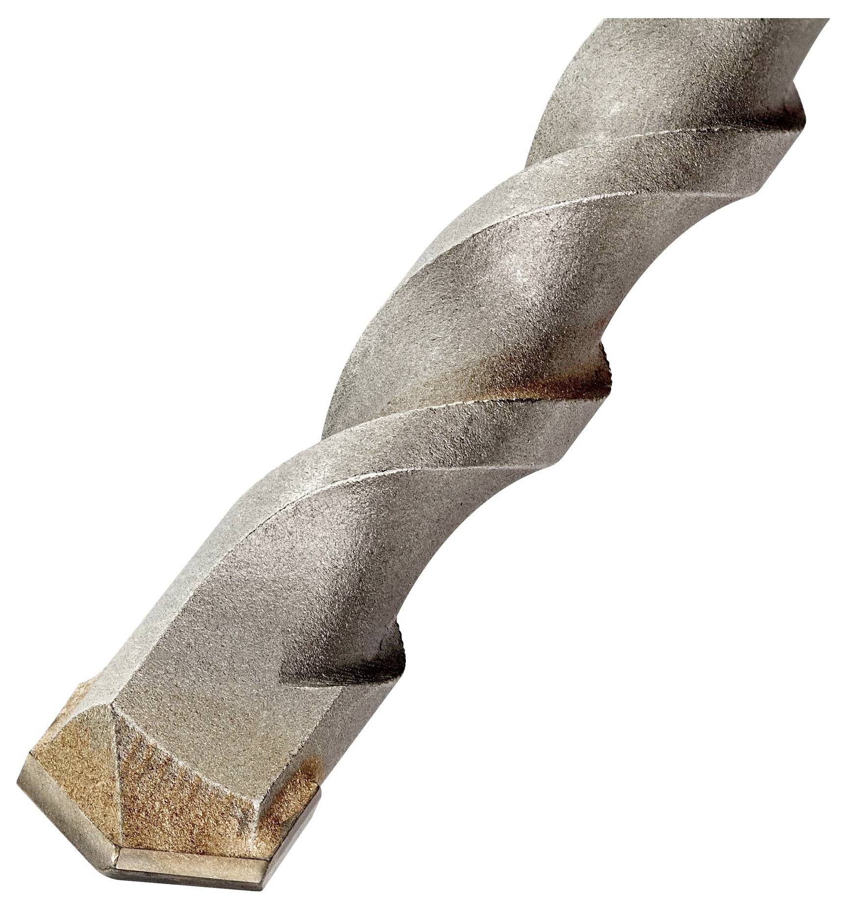 Wiertło spiralne z ostrym, sześciokątnym zakończeniem trzpienia. Powierzchnia wygląda metalicznie i solidnie.