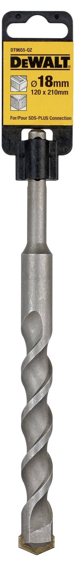 Wiertło marki DeWalt, o średnicy 18 mm, długości 210 mm, przeznaczone do betonu i muru, w czarno-żółtym opakowaniu.