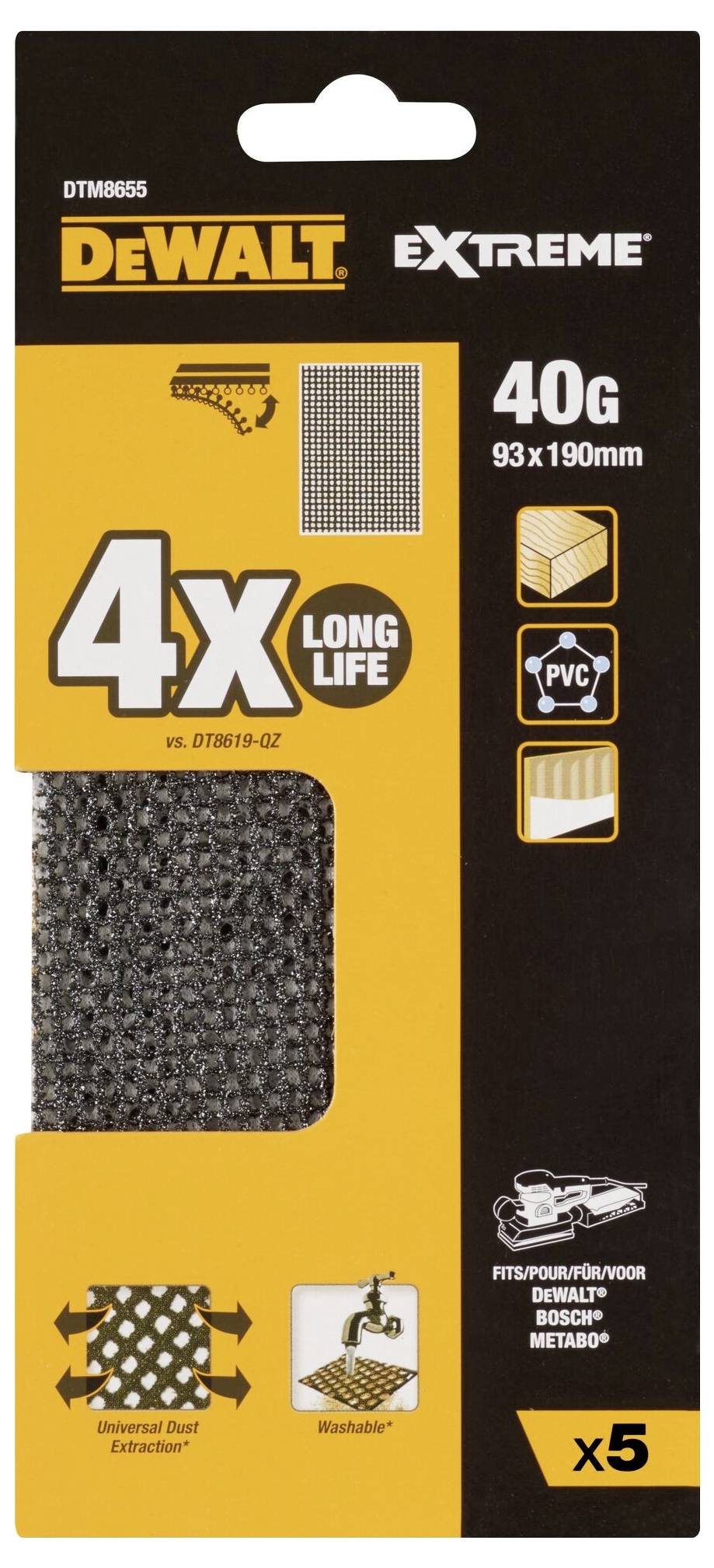 Opakowanie papieru ściernego DeWalt z serii Extreme, ziarnistość 40G, rozmiar 93 x 190 mm, zawiera 5 sztuk. Odpowiedni do różnych materiałów.