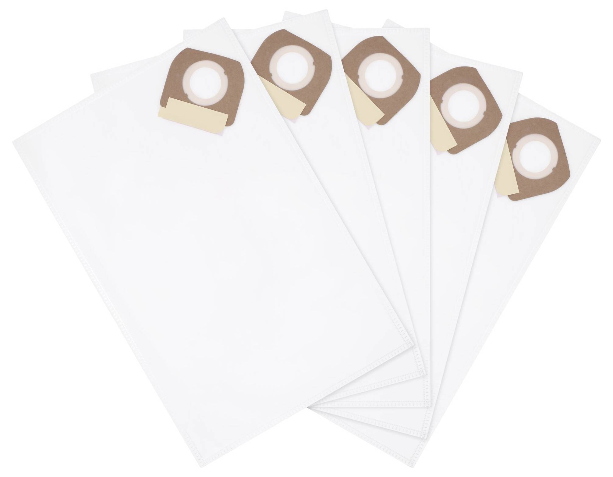 Pięć białych worków do odkurzacza z brązowym kołnierzem, ułożonych w kształcie wachlarza na białym tle.