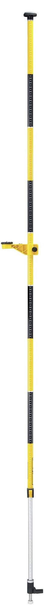 Aluminiowy statyw pomiarowy w kolorach żółtym i czarnym, stojący pionowo. Regulowana rękojeść i antypoślizgowa podstawa na dolnym końcu. Stosowany w technice geodezyjnej.
