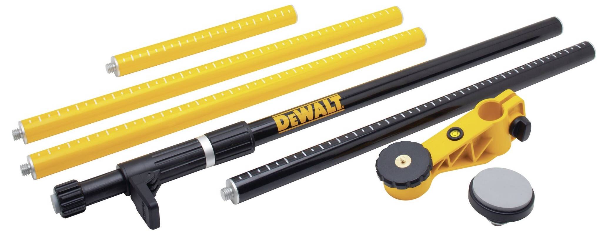 Zestaw żółto-czarnych teleskopowych tyczek z elementami mocującymi i oznaczeniami, przeznaczony do prac budowlanych lub geodezyjnych.