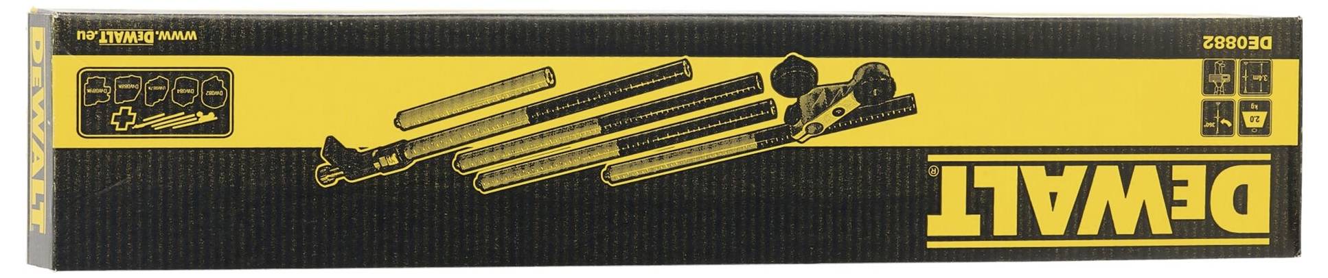 Opakowanie 'DEWALT' z zestawem pięciu wierteł i szkicami narzędzi na żółtym tle.