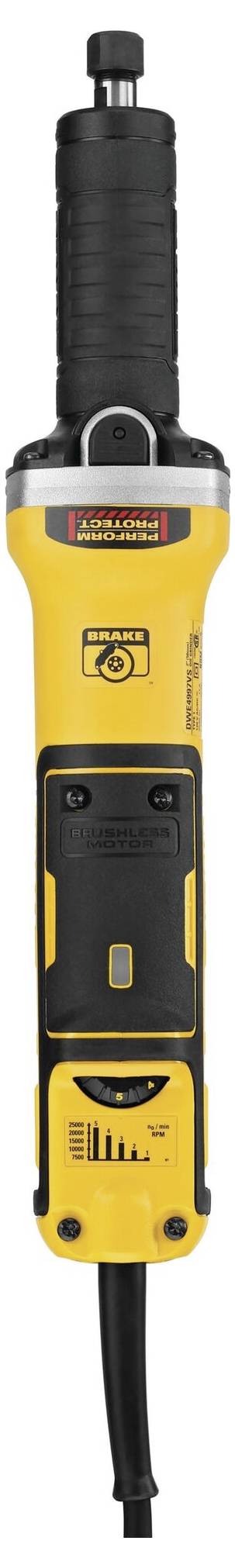 Elektryczny szlifierka kątowa w żółtym kolorze z czarnym uchwytem. Elementy sterujące i specyfikacje wydajności widoczne z przodu.