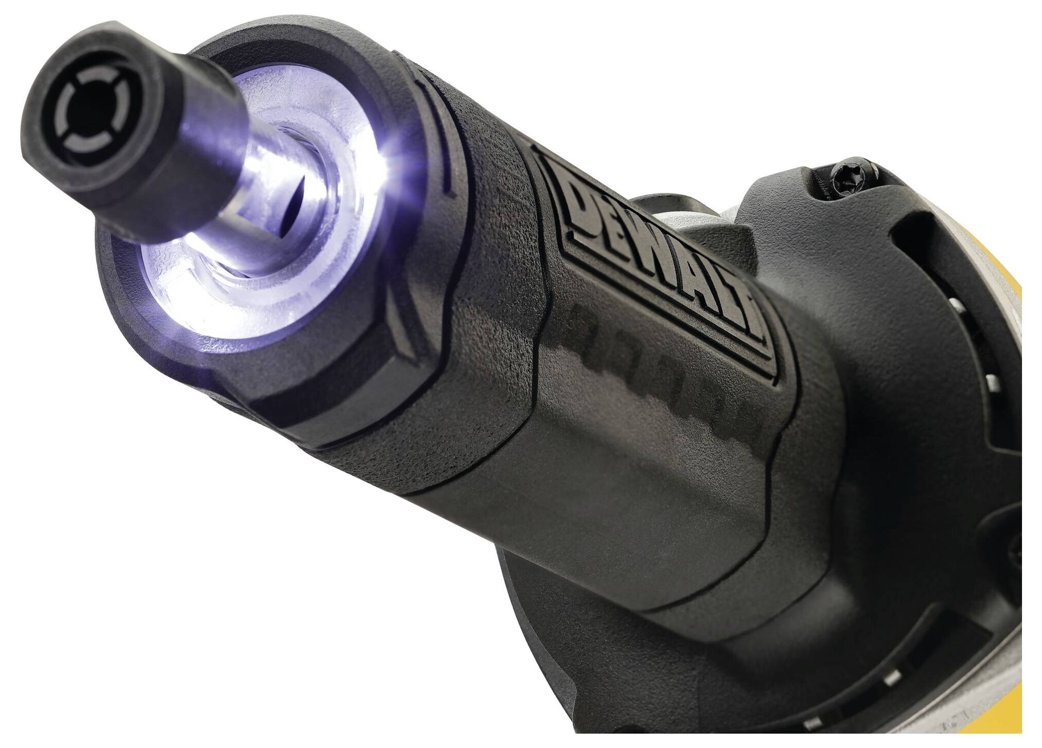 Zbliżenie elektrycznego narzędzia z wbudowanym oświetleniem LED, wspomagającego wykonywanie precyzyjnych prac.