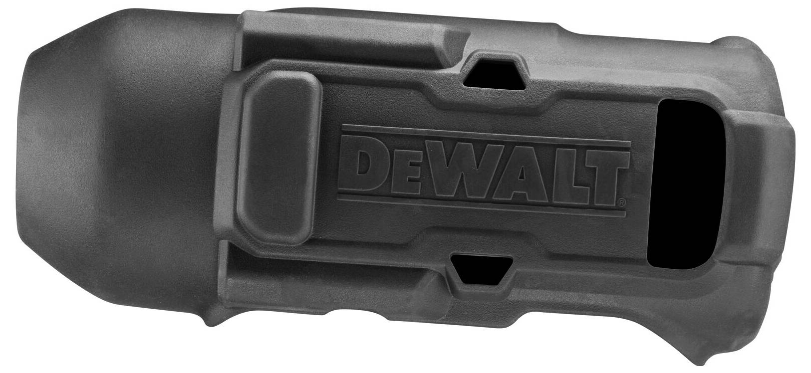 Czarne etui DeWalt na przenośne elektronarzędzia, o wytrzymałej konstrukcji z otworami wentylacyjnymi i miejscami ułatwiającymi chwyt.