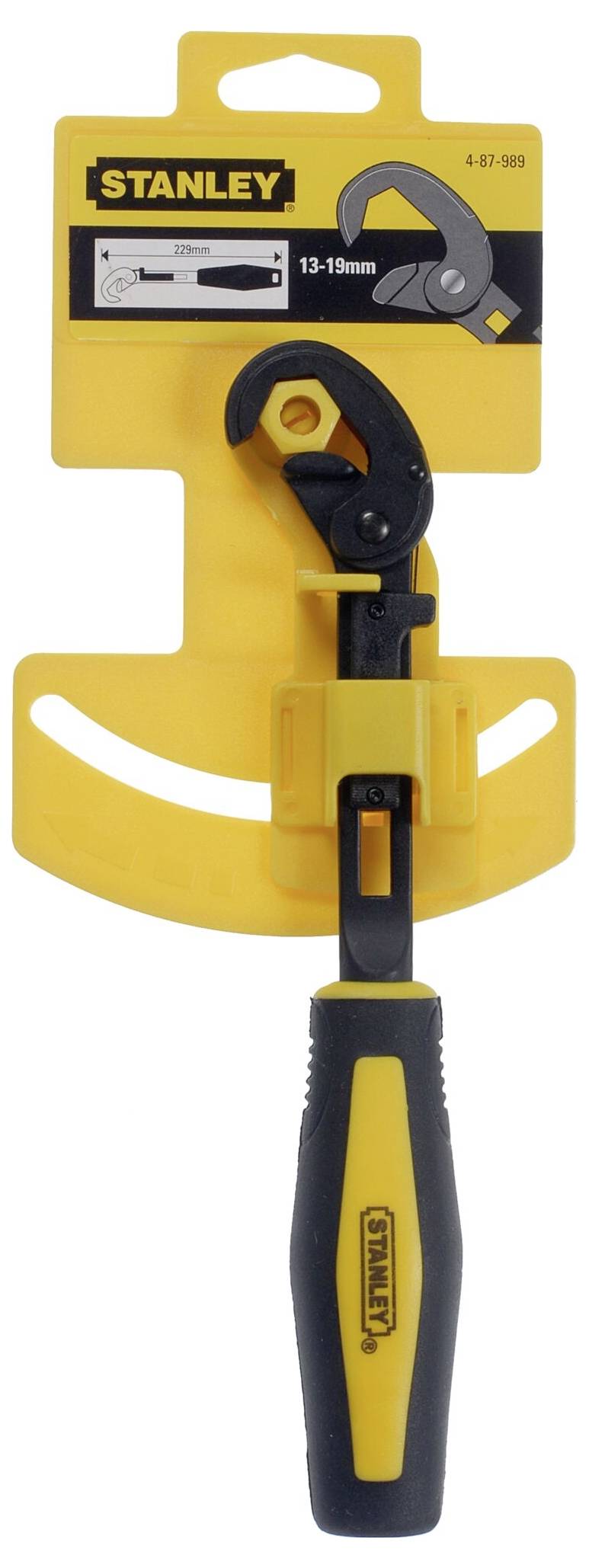 Klucz nastawny 13-19 mm z żółto-czarnym uchwytem, prezentowany na żółtym opakowaniu produktowym marki Stanley.