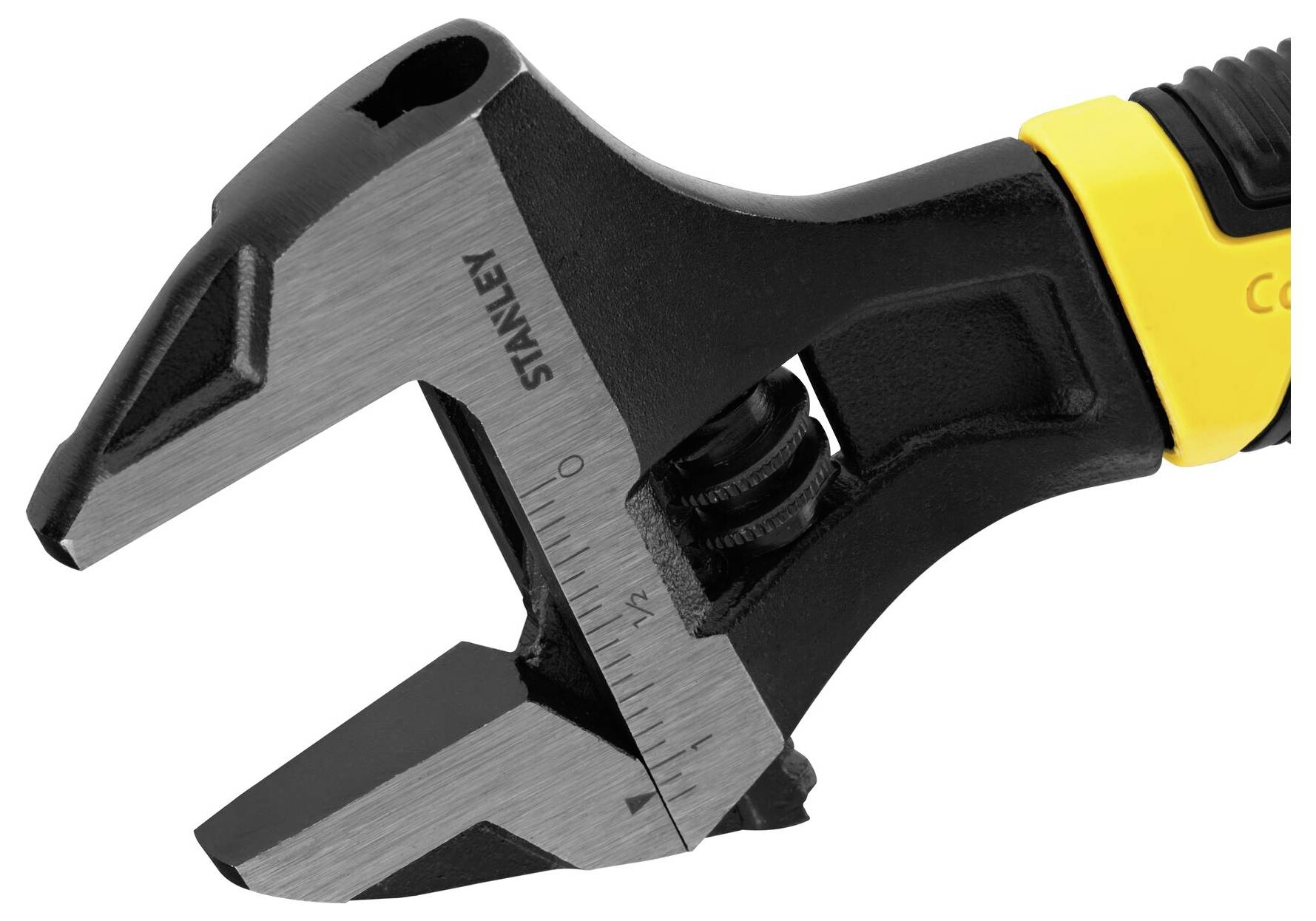 Regulowany klucz nastawny z żółto-czarnym uchwytem, rozwarty na średnią szerokość. Idealny do prac śrubowych o różnych rozmiarach.