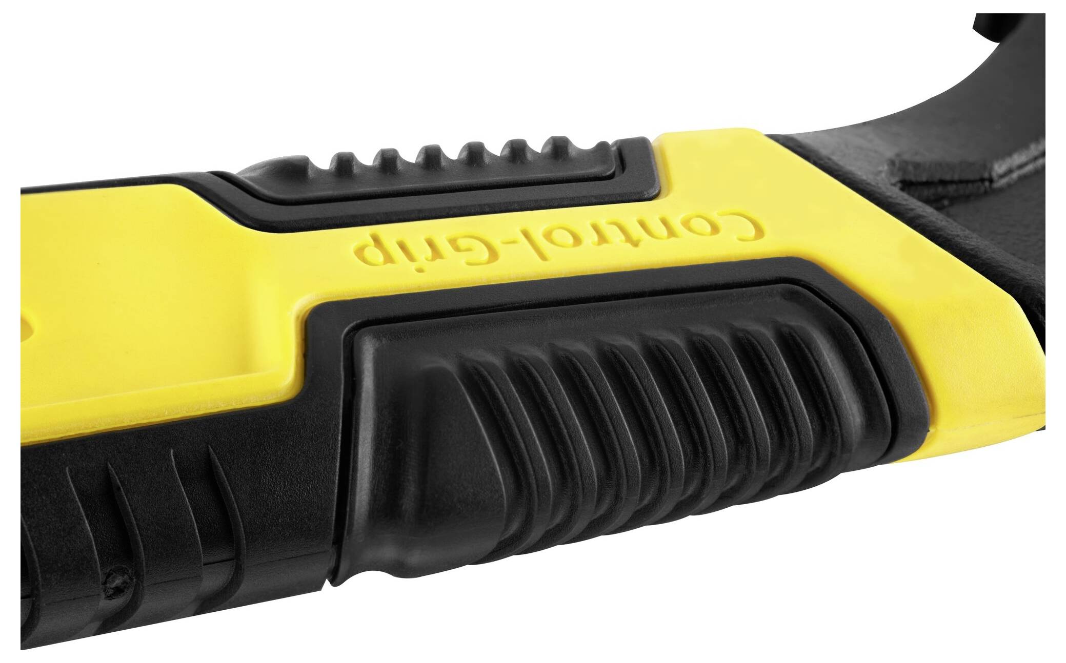 Uchwyt narzędzia w kolorach żółtym i czarnym z napisem 'Control-Grip', zaprojektowany ergonomicznie dla lepszego uchwytu i obsługi.