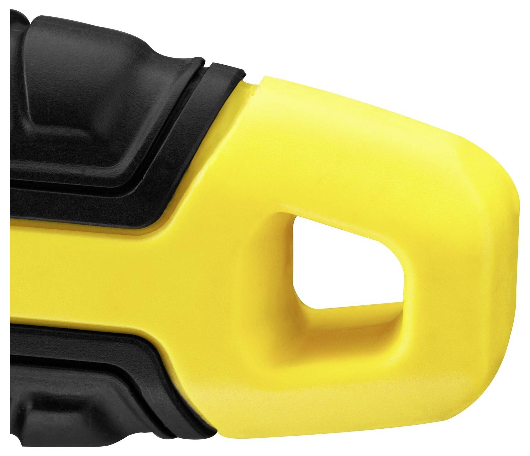 Rękojeść narzędzia w kolorze żółto-czarnym, o ergonomicznym kształcie i z otworem mocującym.