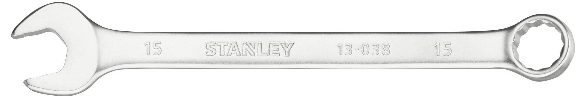 Srebrny klucz nastawny z otwartą i pierścieniową stroną, oznaczony napisem '15' i 'STANLEY'.