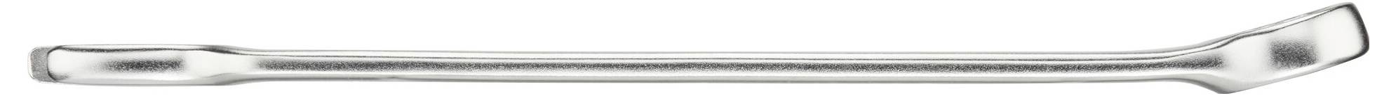 Srebrny klucz płaski z płaskimi końcówkami, odpowiedni do dokręcania lub odkręcania śrub lub nakrętek.