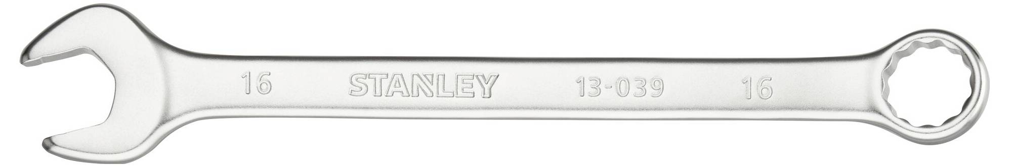 Klucz metalowy firmy Stanley z podwójnym zakończeniem, o rozmiarze '16', odpowiedni do dokręcania lub odkręcania śrub.