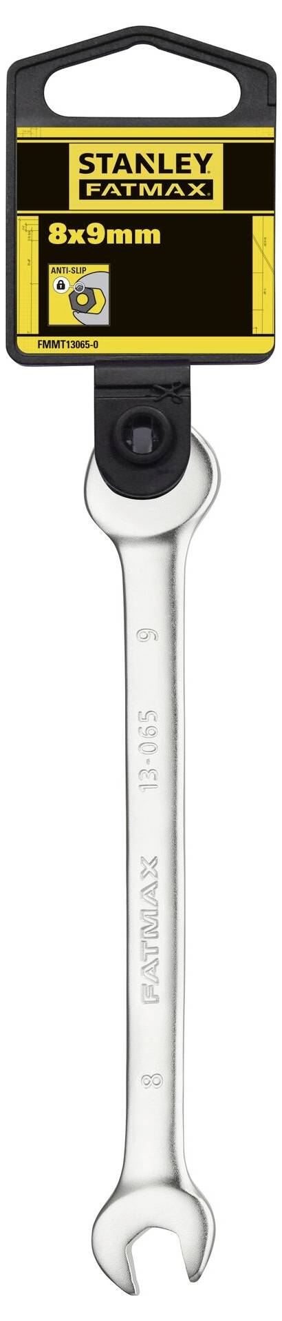 Klucz płaski 'FATMAX' firmy Stanley, 8x9 mm, wykonany z srebrnego metalu, w opakowaniu z żółto-czarną etykietą.