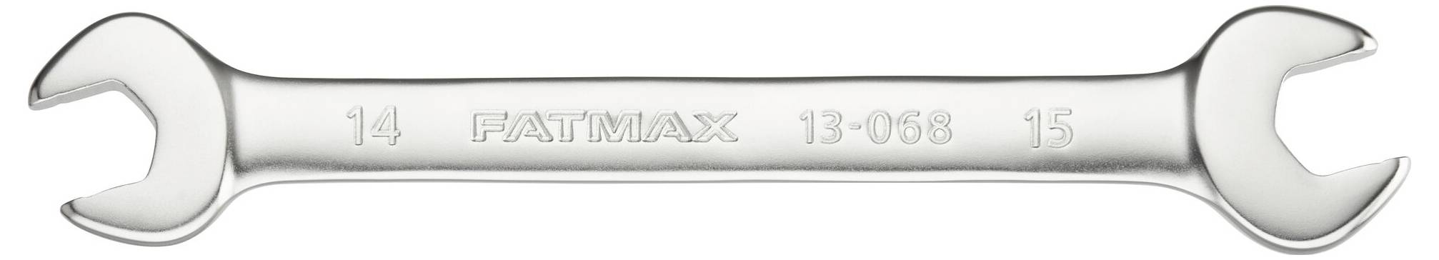 Srebrny klucz dwustronny o rozmiarach '14' i '15' z oznaczeniem 'FATMAX 13-068'.