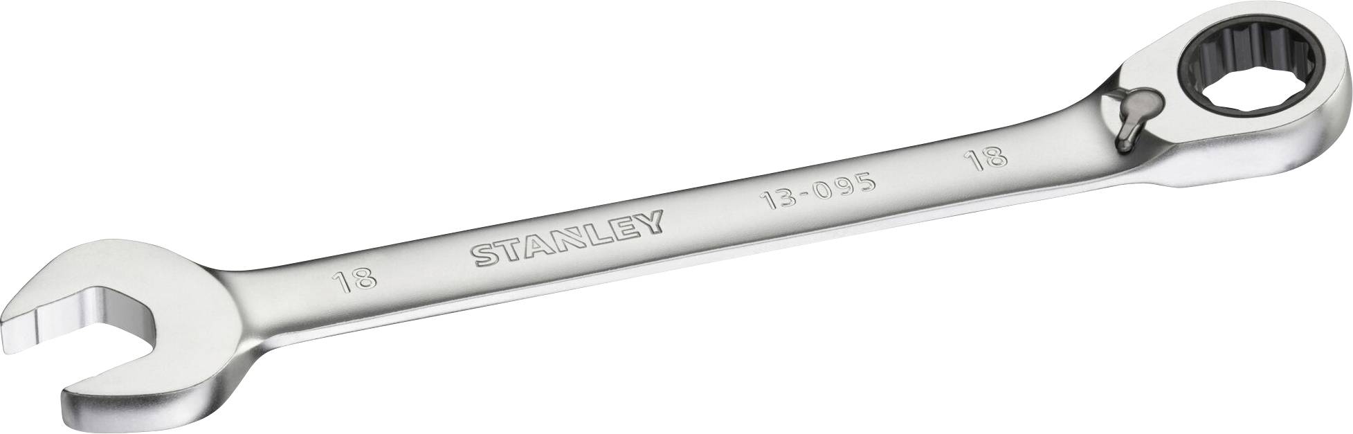 Srebrny klucz płasko-oczkowy Stanley o rozmiarze 18 mm, z jedną stroną otwartą i drugą zamkniętą.