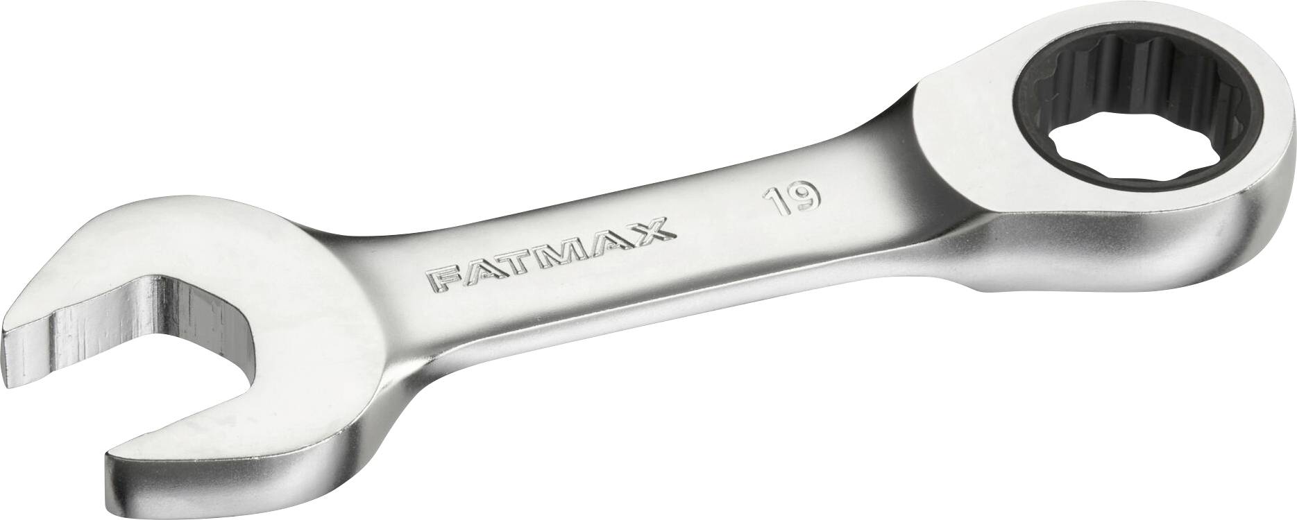 Srebrny klucz nastawny z otwartą i zamkniętą stroną. Oznaczony napisem 'FATMAX' i liczbą 19, przeznaczony do nakrętek o rozmiarze 19 mm.