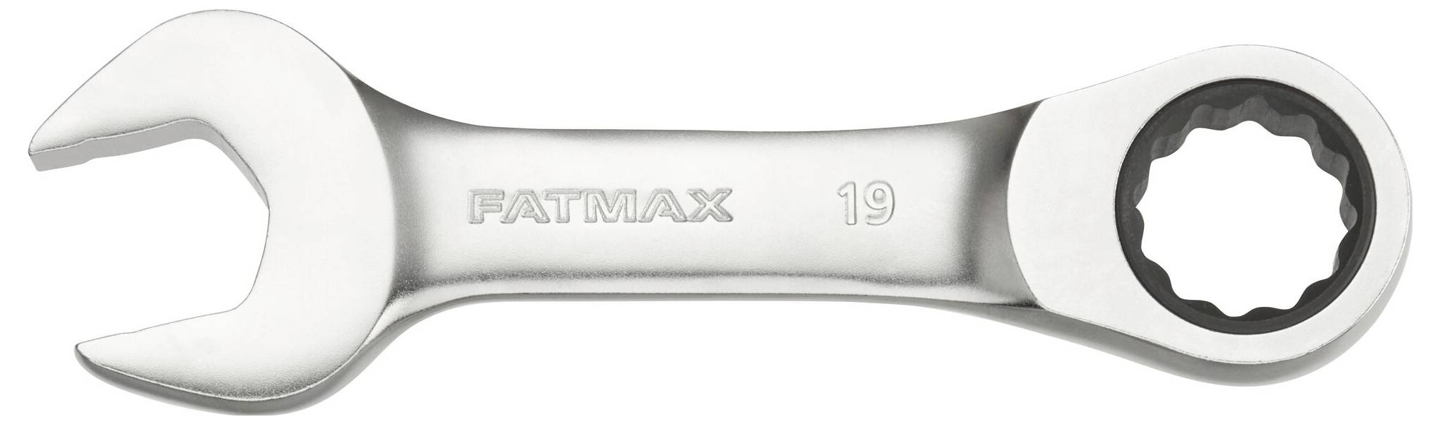 Srebrny klucz płasko-oczkowy z otwartą główką i mechanizmem grzechotki, grawerowany napisem 'FATMAX 19', przeznaczony do prac ślusarskich.